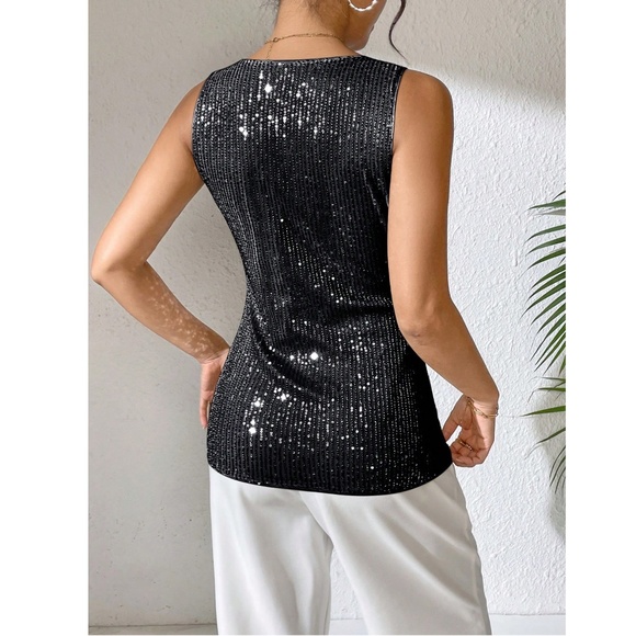 All Over Sequin Black V-Neck Cami Top - Picture 2 of 7